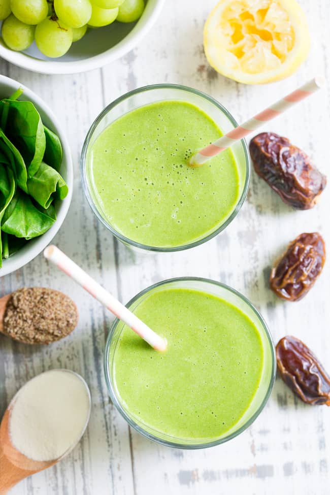 This creamy and refreshing paleo green smoothie has it all!  It's sweetened with fruit only, packs in the veggies and is even kid approved!  Add your favorite protein powder or collagen to make it either paleo or vegan.  