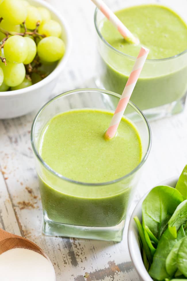 This creamy and refreshing paleo green smoothie has it all!  It's sweetened with fruit only, packs in the veggies and is even kid approved!  Add your favorite protein powder or collagen to make it either paleo or vegan.  