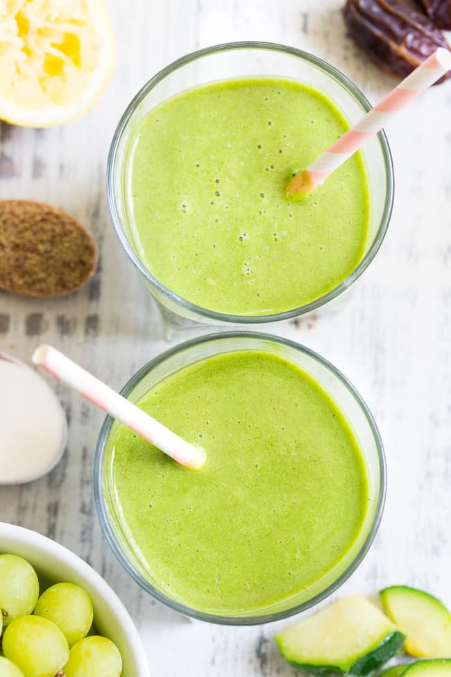 This creamy and refreshing paleo green smoothie has it all!  It's sweetened with fruit only, packs in the veggies and is even kid approved!  Add your favorite protein powder or collagen to make it either paleo or vegan.  