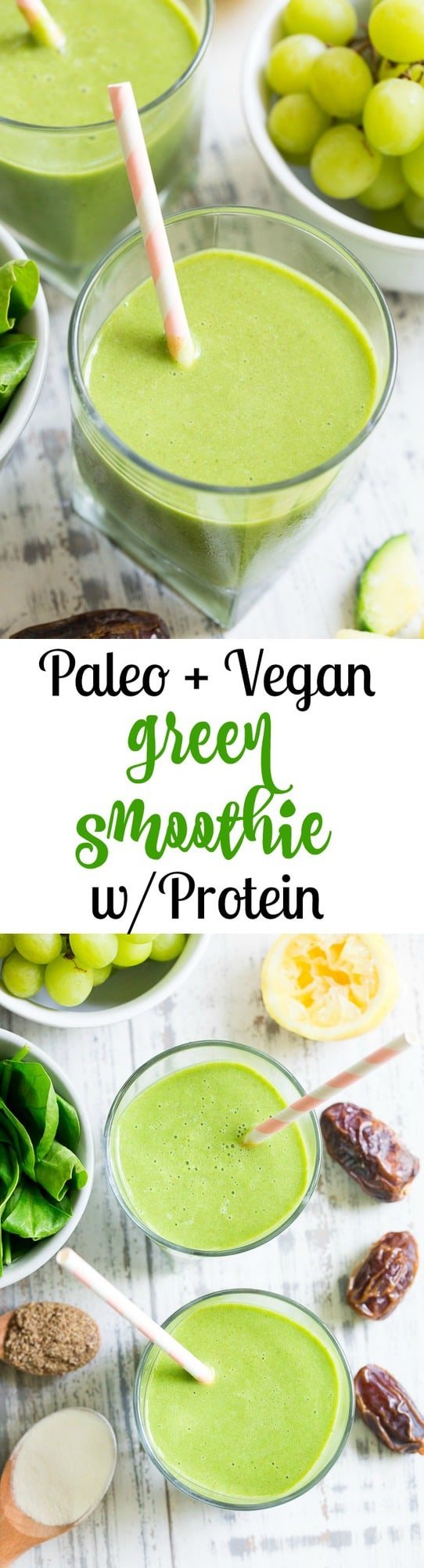 This creamy and refreshing paleo green smoothie has it all!  It's sweetened with fruit only, packs in the veggies and is even kid approved!  Add your favorite protein powder or collagen to make it either paleo or vegan.  