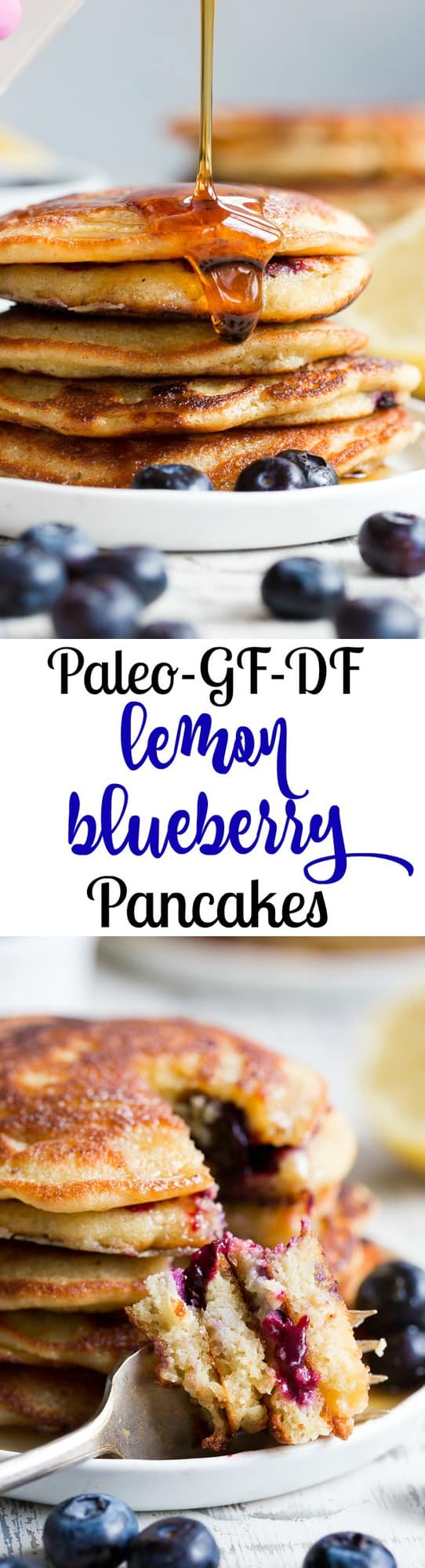 These paleo lemon blueberry pancakes are perfectly sweet and fluffy and a breeze to make!  They're packed with juicy blueberries and fresh lemon juice for a weekend breakfast or brunch that's healthy, delicious and even kid approved.  Gluten free, dairy free, grain free and refined-sugar free.