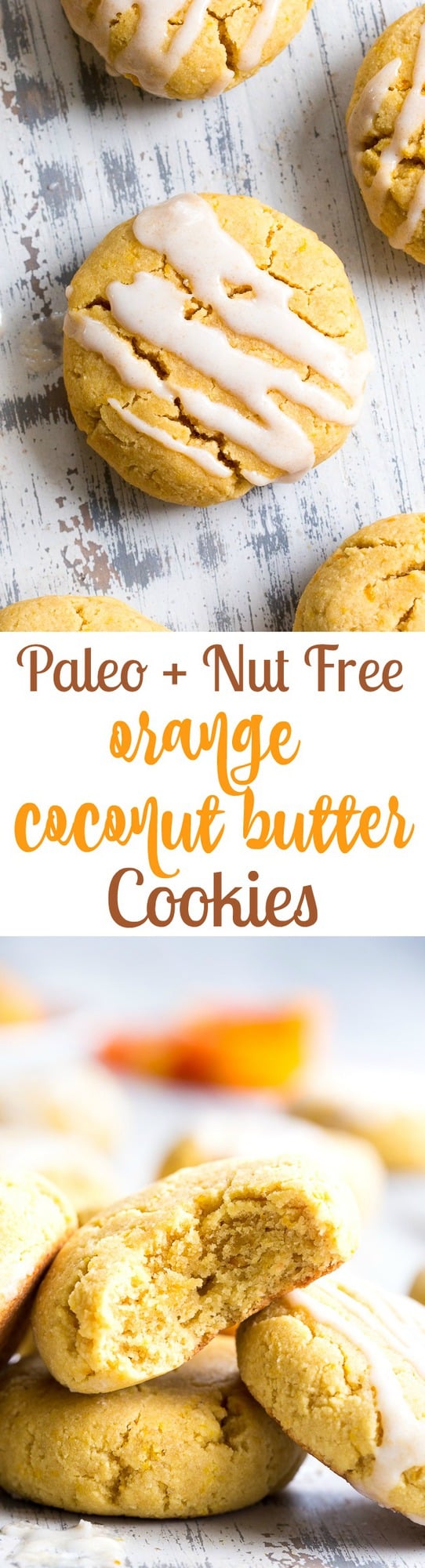 These paleo orange coconut butter cookies have a soft shortbread-like texture and tons of sweet citrus flavor!   They're made with coconut butter and coconut flour, so they're grain free, gluten free, dairy free and nut free.  These addicting cookies are kid approved and delicious with a coconut maple icing!