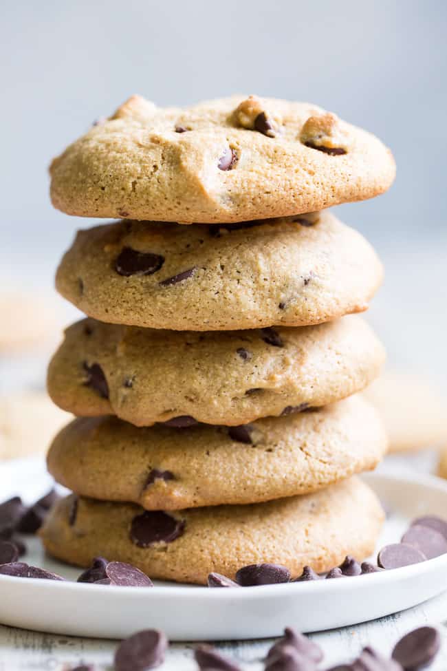 These big soft paleo chocolate chip cookies have the perfect chewy texture with a great nutty flavor thanks to tahini.  They're dairy-free, gluten-free, grain free and nut free as well.  Perfect for snacks and desserts, these cookies are thick and decadent yet healthy!