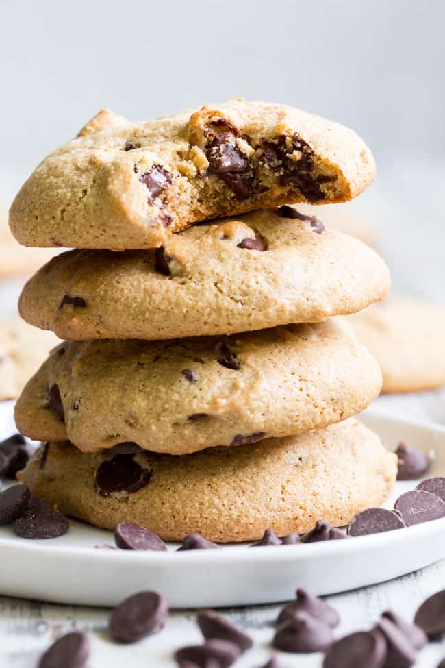 These big soft paleo chocolate chip cookies have the perfect chewy texture with a great nutty flavor thanks to tahini.  They're dairy-free, gluten-free, grain free and nut free as well.  Perfect for snacks and desserts, these cookies are thick and decadent yet healthy!