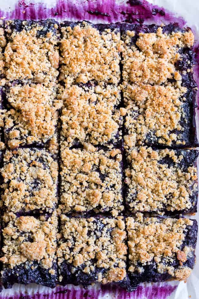 These paleo and vegan blueberry crumb bars are gooey sweet and totally addicting! They’re a great treat to have around for a heathy snack or dessert. Easy to make, gluten-free, grain free, vegan, and total comfort food!