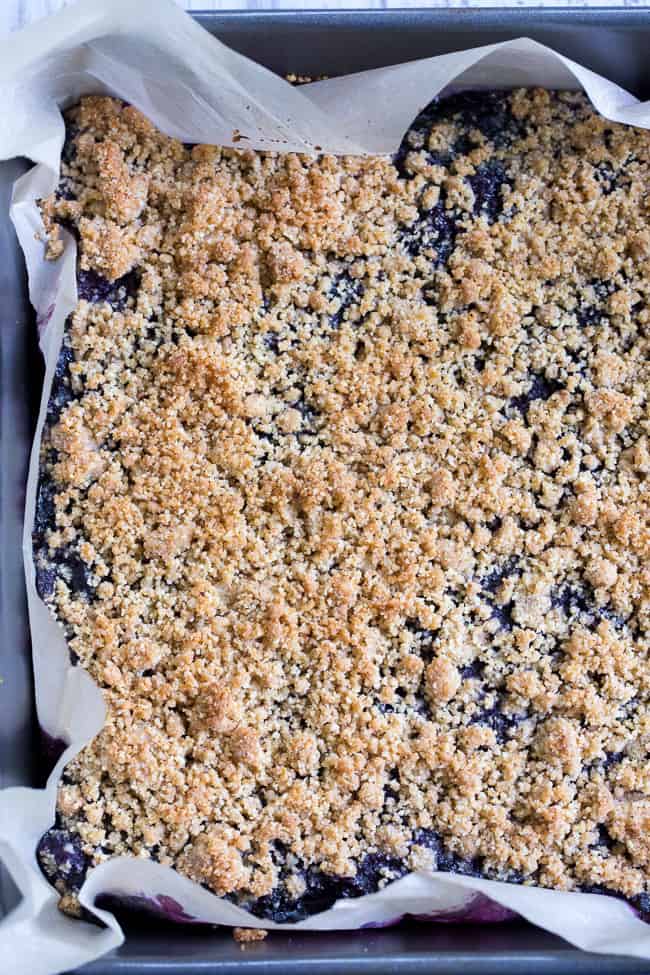 These paleo and vegan blueberry crumb bars are gooey sweet and totally addicting! They’re a great treat to have around for a heathy snack or dessert. Easy to make, gluten-free, grain free, vegan, and total comfort food!