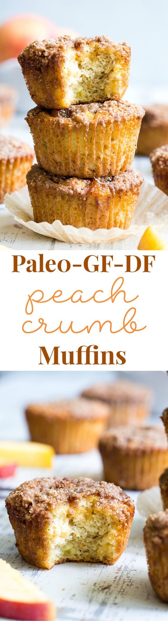 These Paleo peach muffins have double the peaches for tons of sweet summer flavor!  Easy peach preserves and chopped fresh peaches are mixed into a grain and dairy free muffin batter and topped with the perfect crumble.  Kid approved and great for summer snacking.