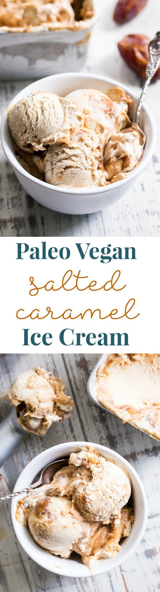 This salted caramel ice cream is easy to make, dairy-free, paleo, vegan, healthy, and so incredibly tasty!  A simple vegan salted caramel made from dates is swirled into a cashew-coconut based homemade ice cream that's creamy right out of the freezer.  Add it to your list of must-try healthy ice cream recipes ASAP!