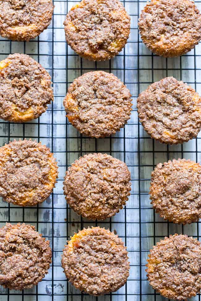 These Paleo peach muffins have double the peaches for tons of sweet summer flavor!  Easy peach preserves and chopped fresh peaches are mixed into a grain and dairy free muffin batter and topped with the perfect crumble.  Kid approved and great for summer snacking.