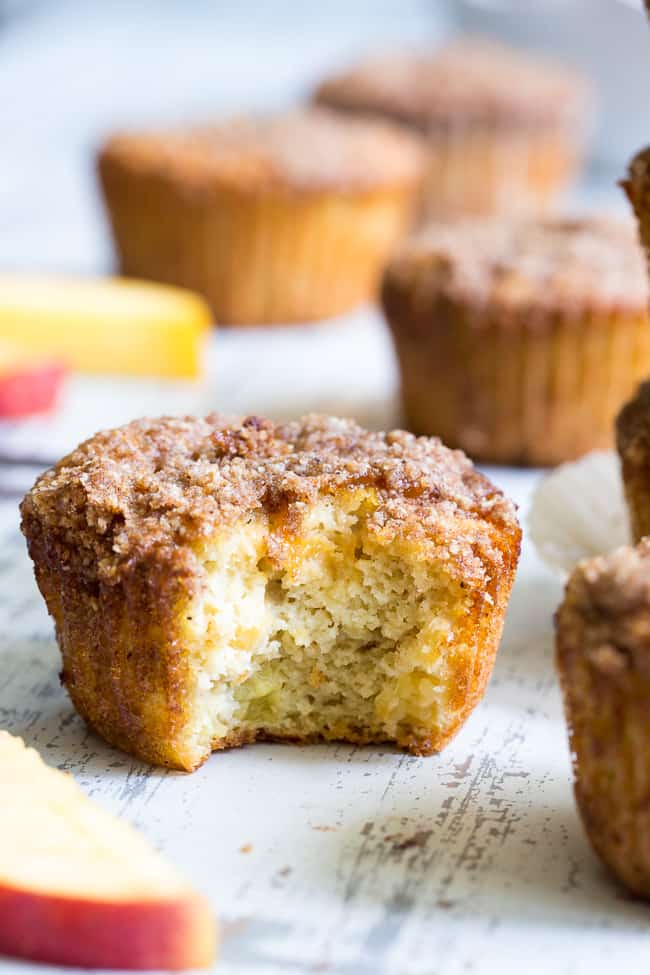 These Paleo peach muffins have double the peaches for tons of sweet summer flavor!  Easy peach preserves and chopped fresh peaches are mixed into a grain and dairy free muffin batter and topped with the perfect crumble.  Kid approved and great for summer snacking.