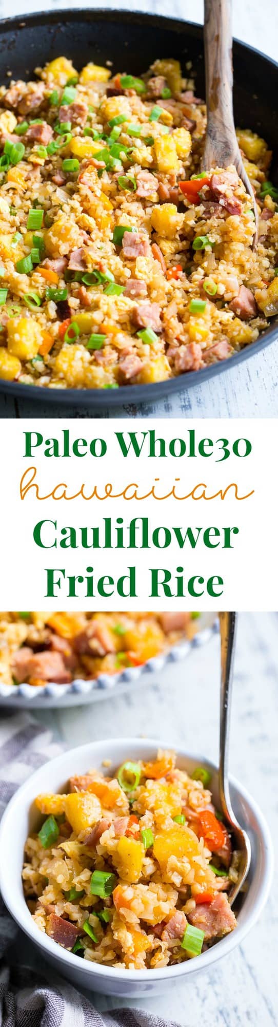 This Hawaiian Cauliflower Fried Rice is packed with goodies and so simple to make!  Chopped pineapples and sugar-free ham, peppers, onions and scrambled eggs make this "rice" a meal that you'll crave for busy weeknights.   It's also kid approved, low in carbs and Whole30 compliant!