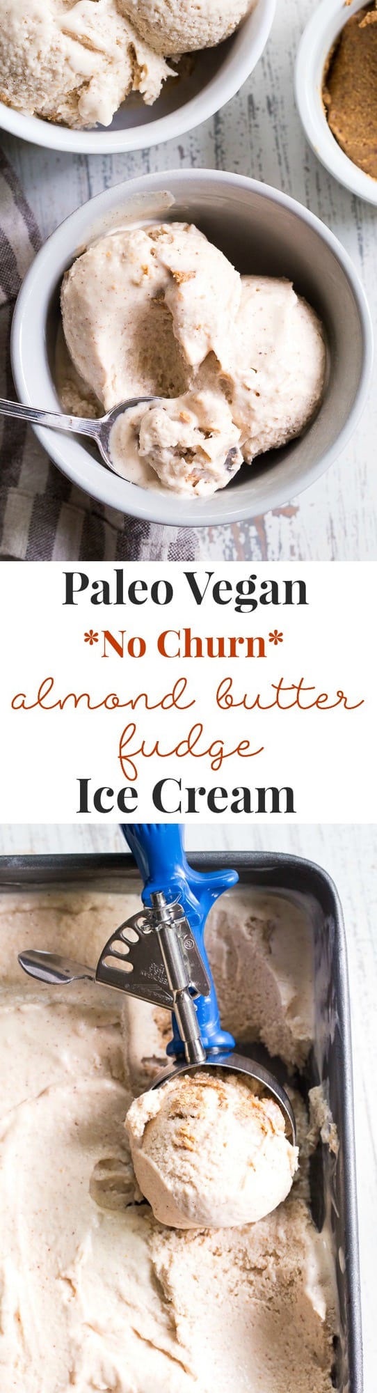 This no-churn almond butter fudge ice cream has a creamy almond butter coconut milk base and is loaded with chunks of almond butter fudge!  It's rich yet made with good-for-you ingredients and contains no refined sugar.  This easy to make ice cream is dairy-free, egg free, vegan and paleo.