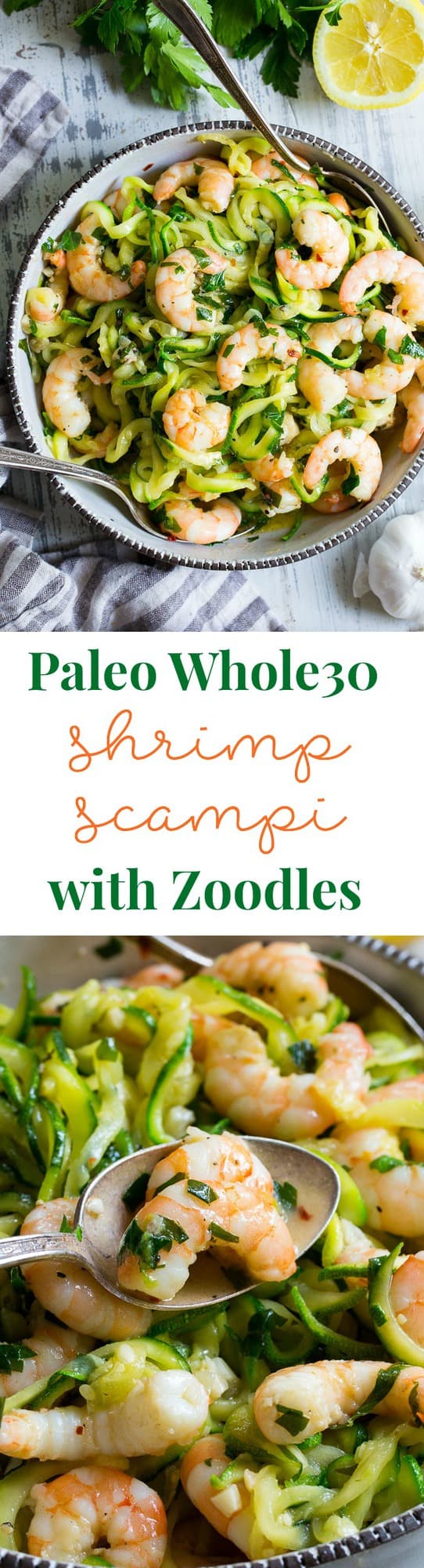 This paleo shrimp scampi is packed with flavor and perfect tossed with zucchini noodles!  Prep your zoodles ahead of time for a quick, easy, and wildly delicious gluten-free, paleo, keto, and Whole30 compliant dinner that's ready in just 20 minutes.