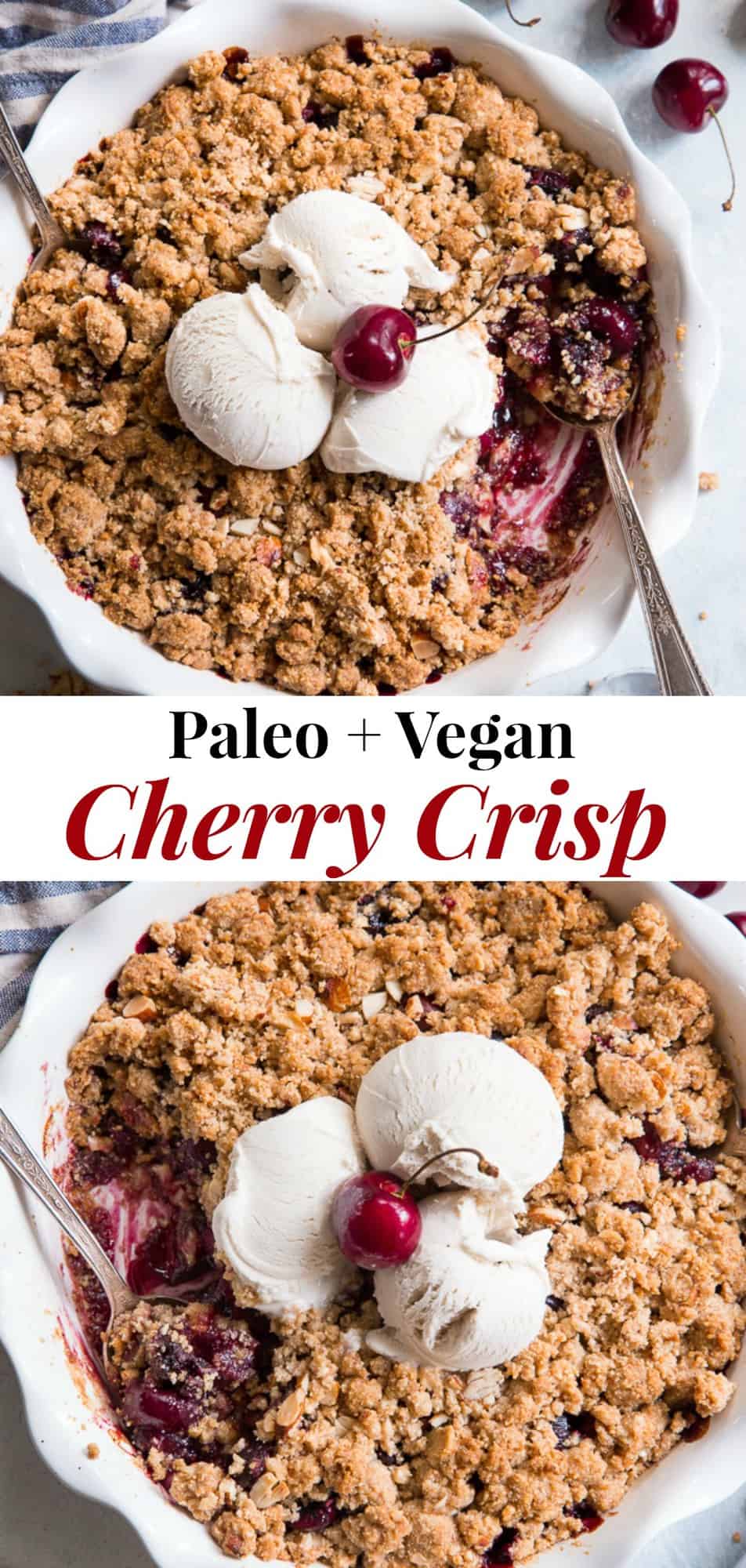 This classic cherry crisp is irresistibly delicious and easy to make!  A sweet gooey cherry filling is topped with a toasty crumble for a summer dessert that will make everyone come back for seconds.  It's paleo, vegan, gluten-free, dairy-free and refined sugar free. #paleo #vegan #glutenfree 