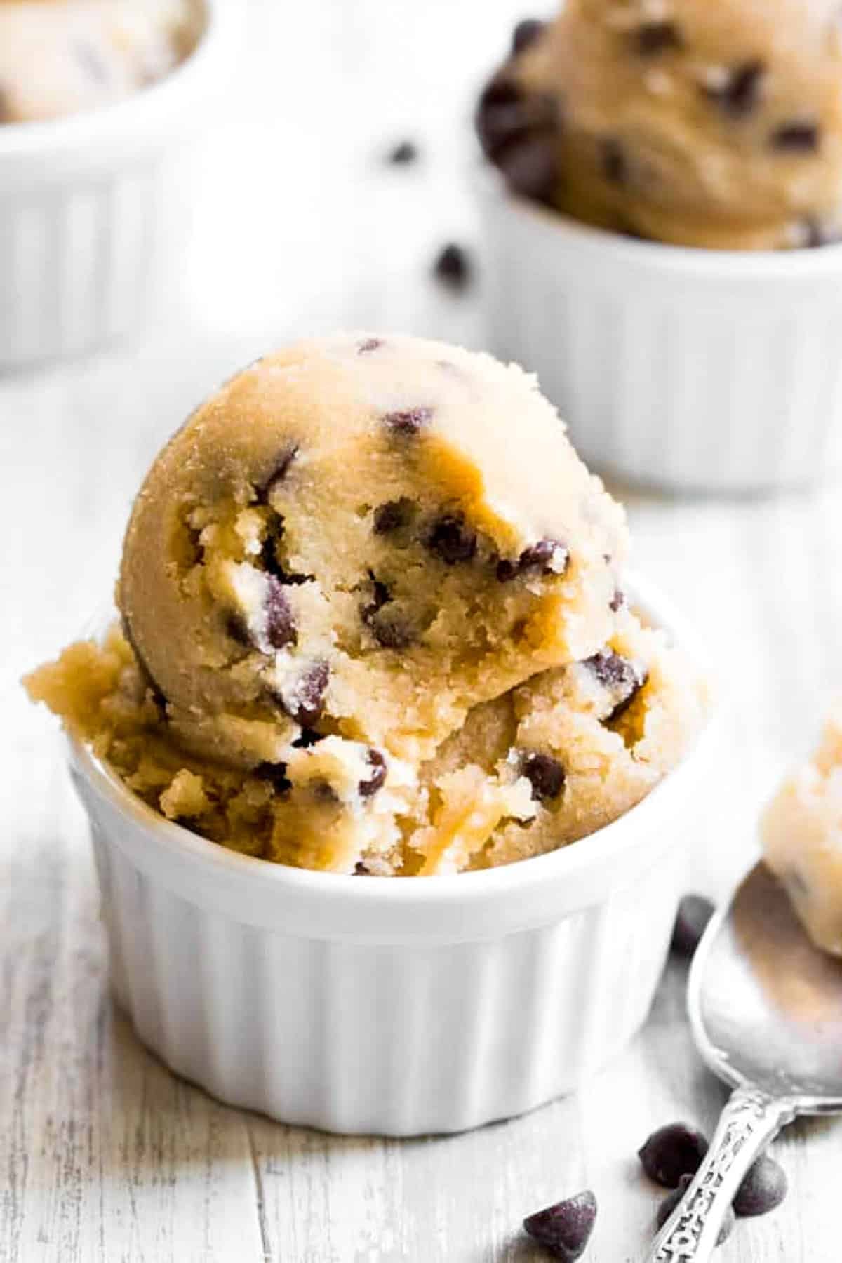 healthy edible cookie dough in ramekin with mini chocolate chips
