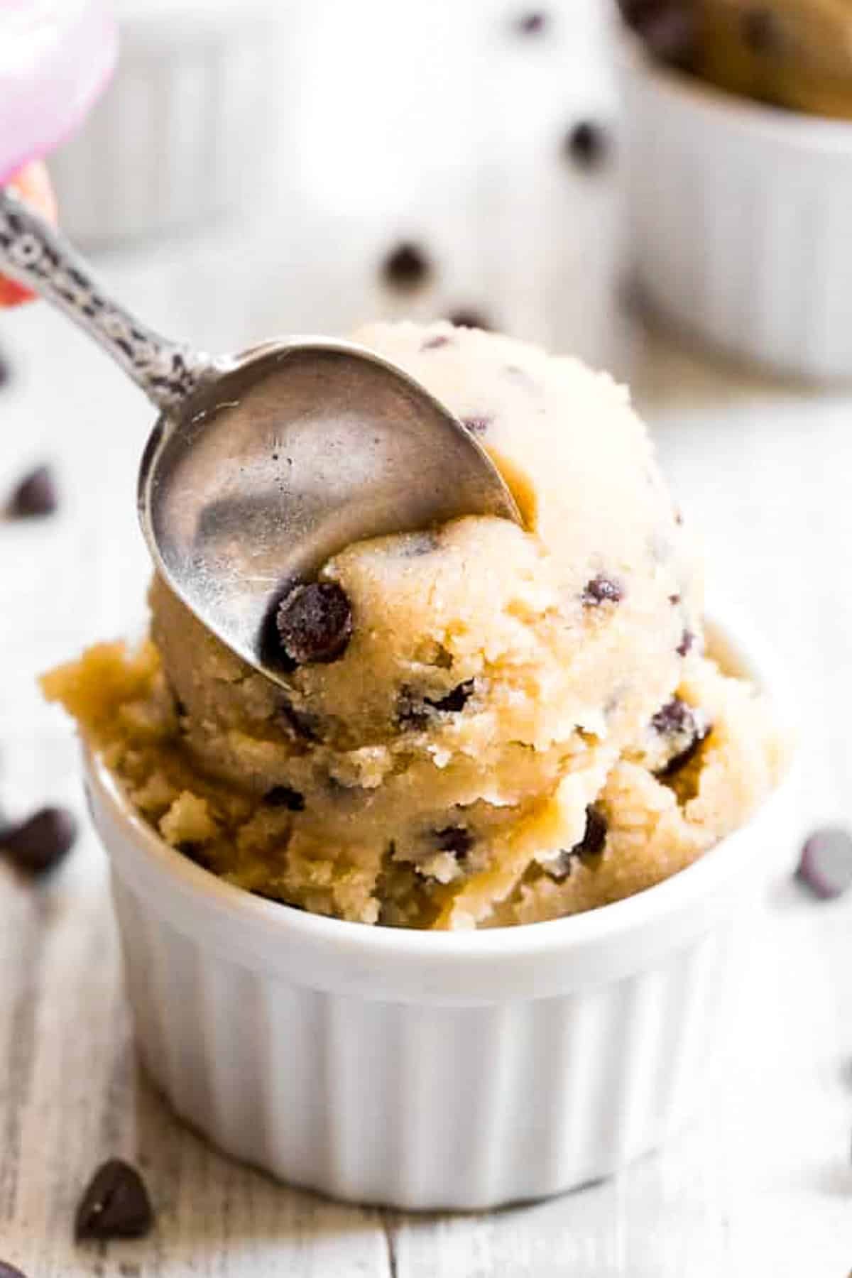 healthy edible cookie dough in ramekin with mini chocolate chips