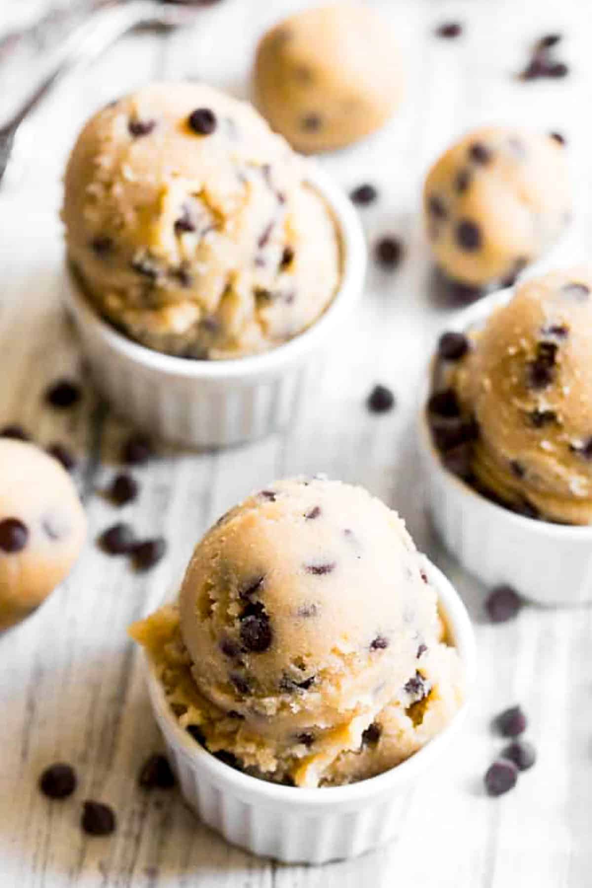 healthy edible cookie dough in ramekins with mini chocolate chips