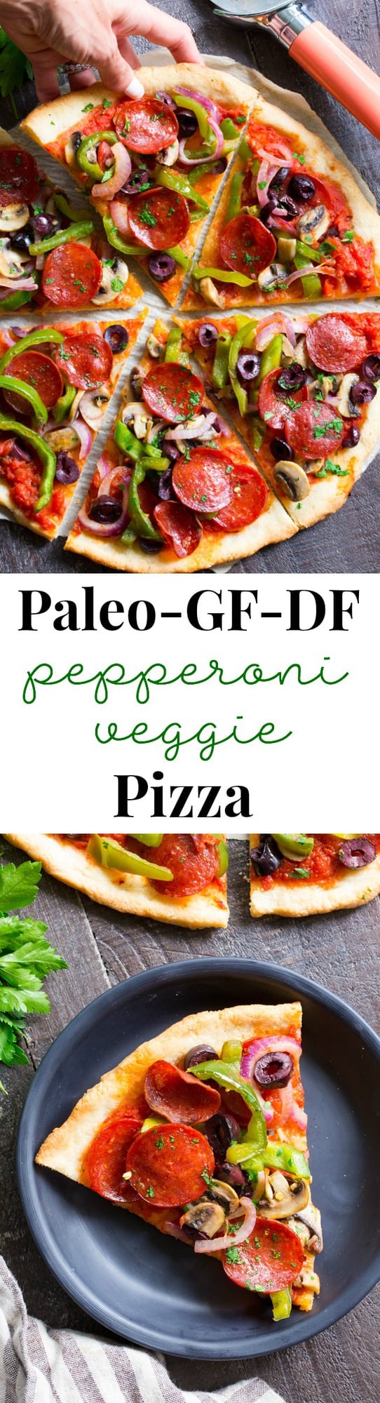 This paleo pepperoni pizza is loaded with all your favorite veggies and packed with flavor!  It's baked on the perfect paleo pizza crust and is totally dairy free, gluten free, grain free and soy free.  This healthy pizza is family approved and easy to make, too! 