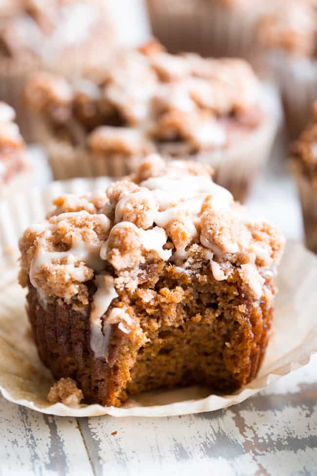 These paleo pumpkin muffins with cinnamon streusel are everything I love about fall baking!  Moist, sweetly spiced pumpkin muffins are topped with the perfect streusel plus an optional maple icing!  They’re a kid favorite and happen to be gluten-free, grain free, and have a tested dairy free option.