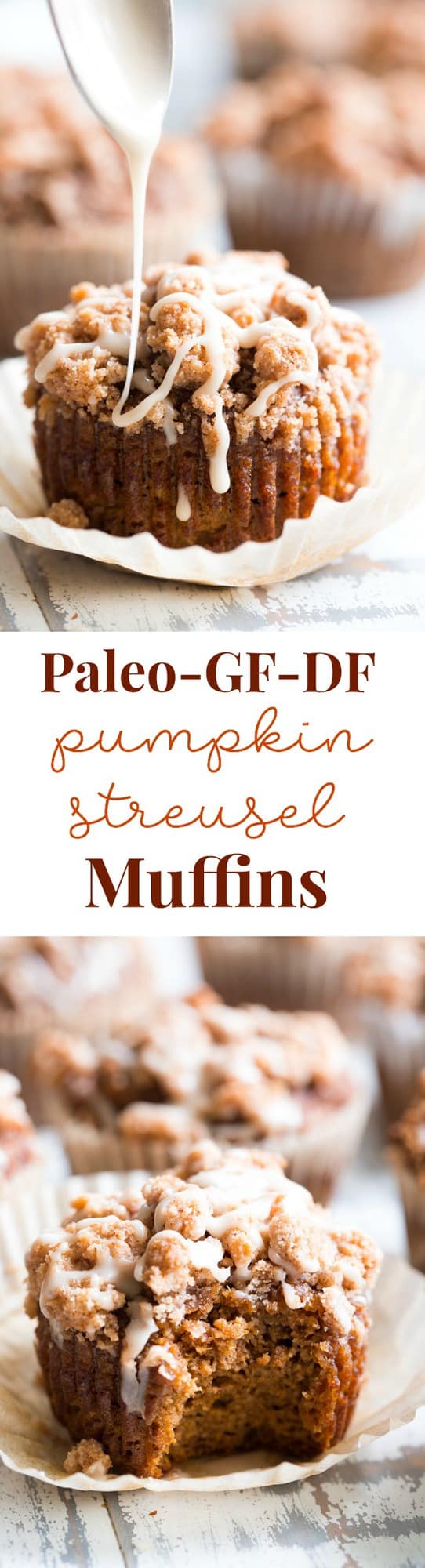 These paleo pumpkin muffins with cinnamon streusel are everything I love about fall baking!  Moist, sweetly spiced pumpkin muffins are topped with the perfect streusel plus an optional maple icing!  They’re a kid favorite and happen to be gluten-free, grain free, and have a tested dairy free option.