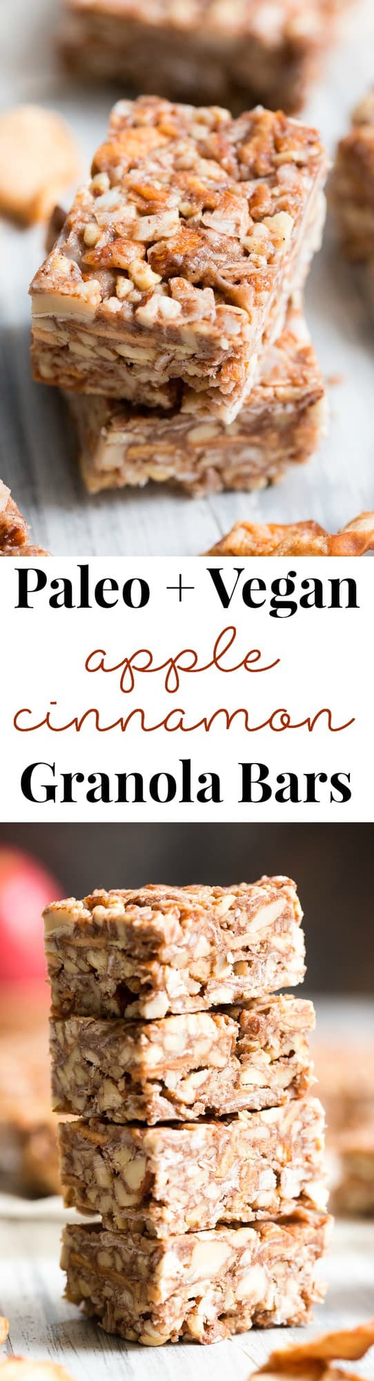 These grain free, vegan, and paleo granola bars are packed with warm spices and chopped dried apples for a fun fall touch!  They're sweetened with pure maple syrup and contain no refined sugar, grains or dairy.  They're chewy, crunchy, family approved and perfect for after school snacks!