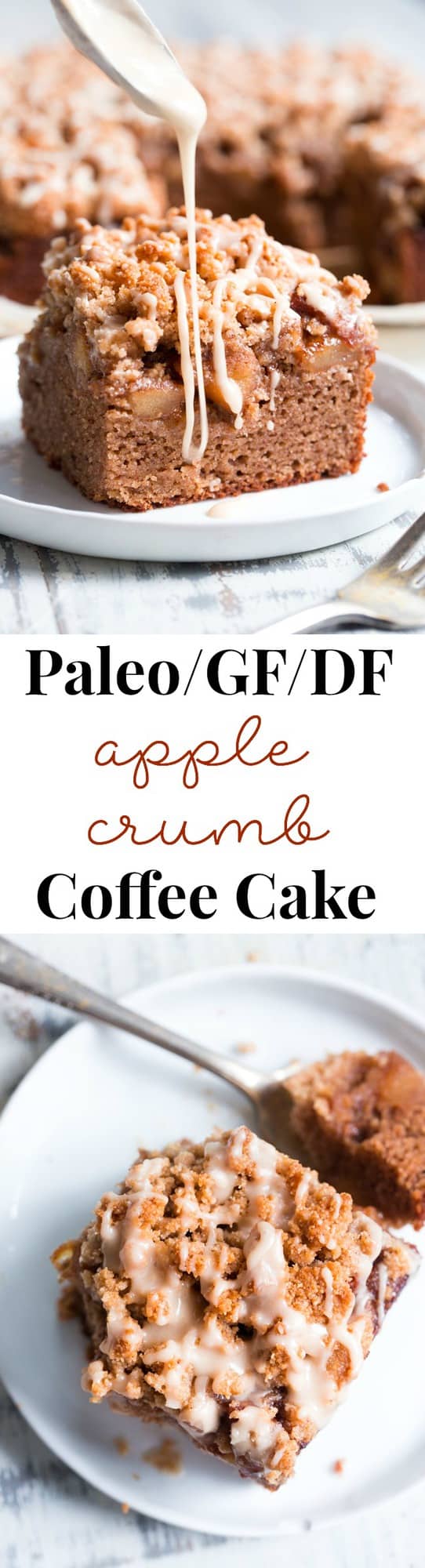This paleo cinnamon apple coffee cake has it all!  Perfectly moist grain free dairy free coffee cake topped with a layer of homemade apple pie filling and a crumble top.  It's one of my favorites for fall baking and I know you and your family will love it as well!