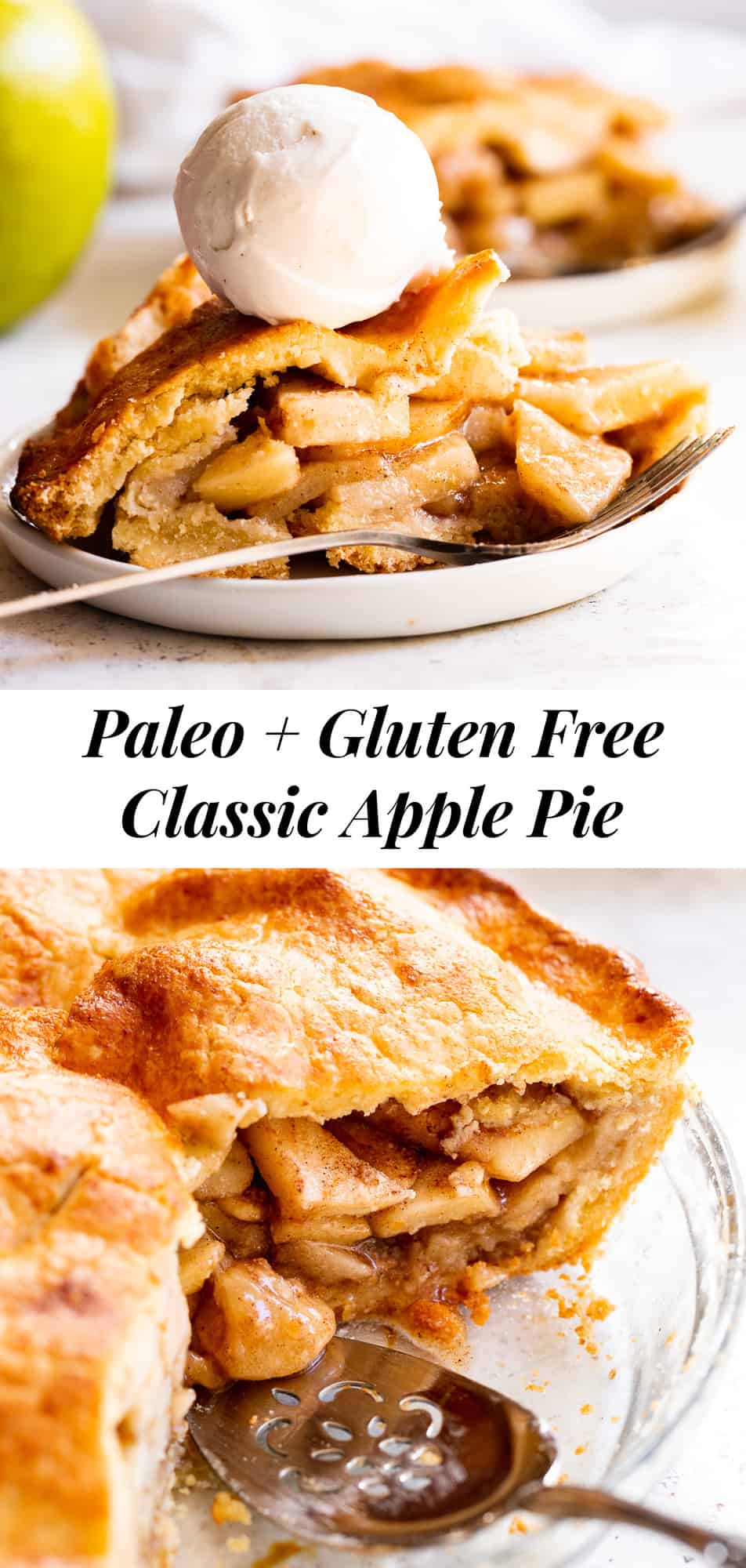 This classic Paleo Apple Pie has an easy double crust made with a dairy free option and is loaded with juicy gooey apples, warm spices and sweetened naturally with pure maple sugar.  It's a family favorite and perfect for Thanksgiving or any special celebration this fall!  #paleo #applepie #glutenfree #apples #cleaneating #paleobaking #glutenfreebaking