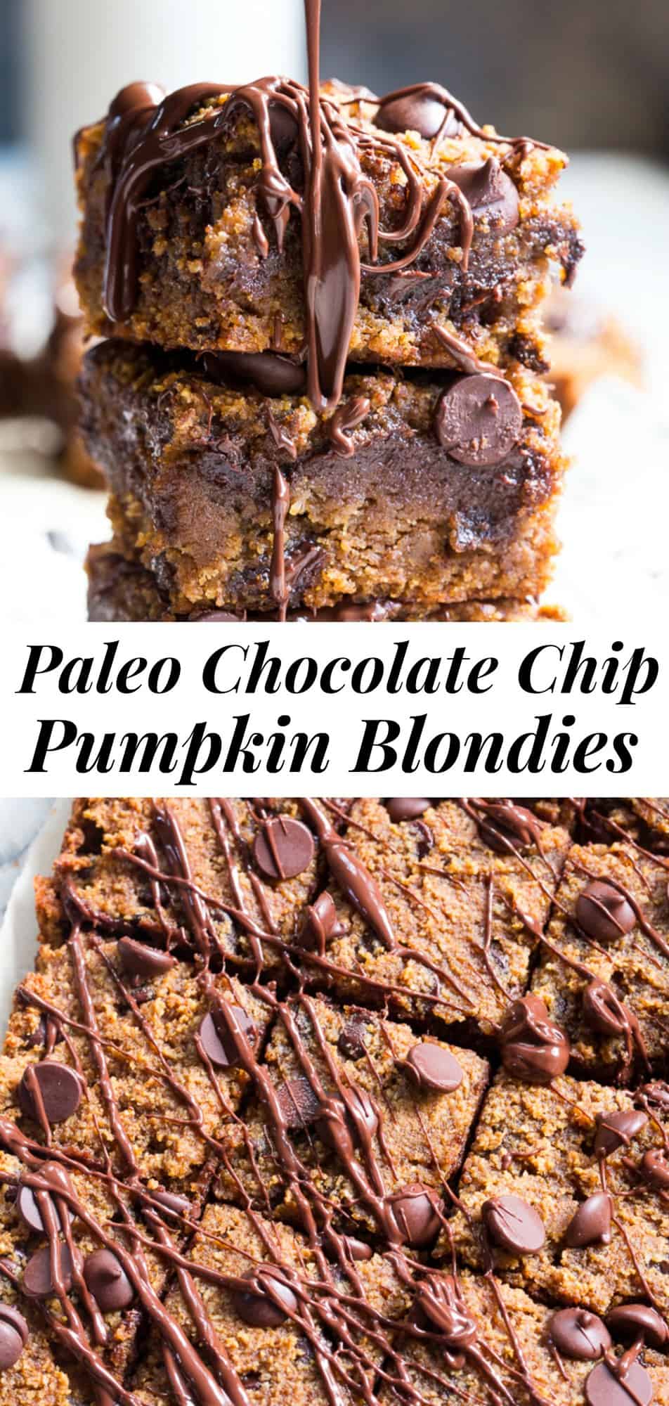 These fudgy Chocolate chip pumpkin blondies are a dream!  They're chewy, sweet, packed with chocolate and warm spices.  Family approved, perfect for fall baking or any time of year.  A great healthy dessert that's kid friendly and easy to make. These addicting pumpkin blondies are paleo, dairy-free, and gluten-free. #paleo #cleaneating #glutenfree #pumpkin 