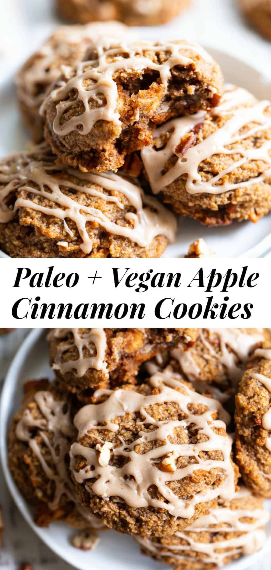 These soft and chewy pecan apple cinnamon cookies have it all!  Gluten-free, paleo, and vegan cookies packed with warm spices, chewy dried apples, chopped pecans and maple icing in every bite!  They're kid approved, fun to make and make an incredibly delicious fall dessert! #paleo #vegan #paleobaking #cleaneating