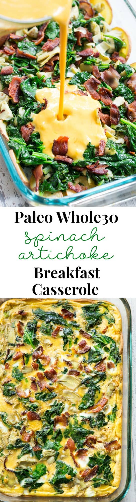 This spinach artichoke breakfast casserole starts with an easy roasted sweet potato crust and is loaded with veggies, bacon, and flavor!  Dairy-free, grain free, gluten free, paleo and Whole30 compliant.  It's perfect to make ahead of time for easy, satisfying breakfast all week