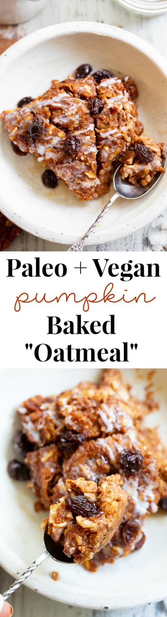 This pumpkin "oatmeal" bake is totally grain free yet tastes just like classic baked oatmeal.  It's packed with pumpkin and pumpkin pie spices, and pure maple syrup adds just the right amount of sweetness.  It reheats perfectly, making it a great fall comfort food breakfast when you're on the go!  Paleo, dairy-free, egg free, and vegan.