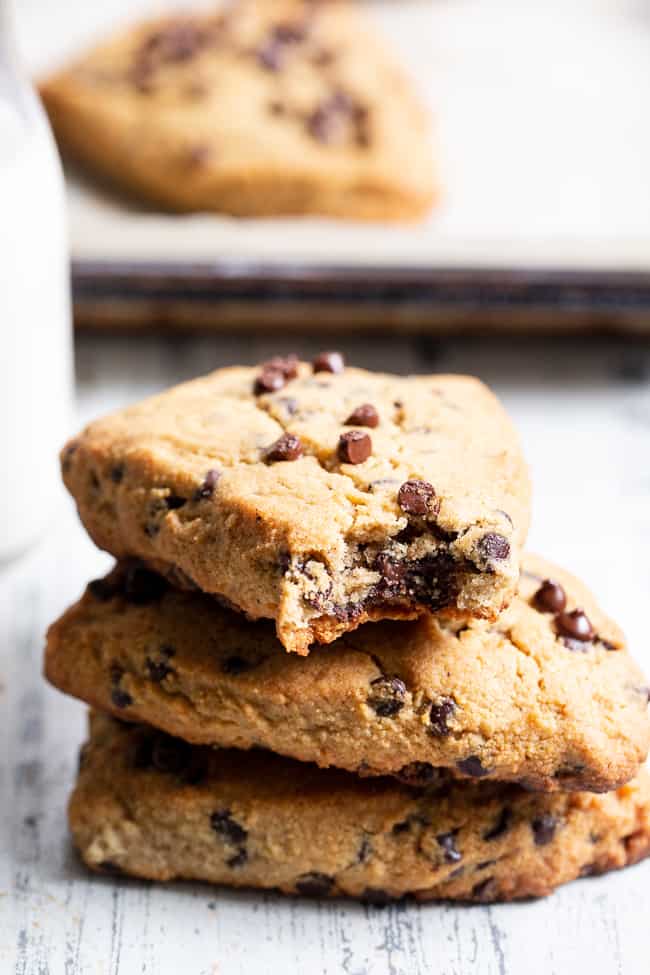 These paleo chocolate chip scones are flaky, soft and packed with mini chocolate chips!  They’re perfect for brunch, dessert, and anytime you need something special and sweet.  Gluten free, grain free, with dairy-free options. Paleo dessert. Paleo baking. Paleo brunch. Paleo treat. 