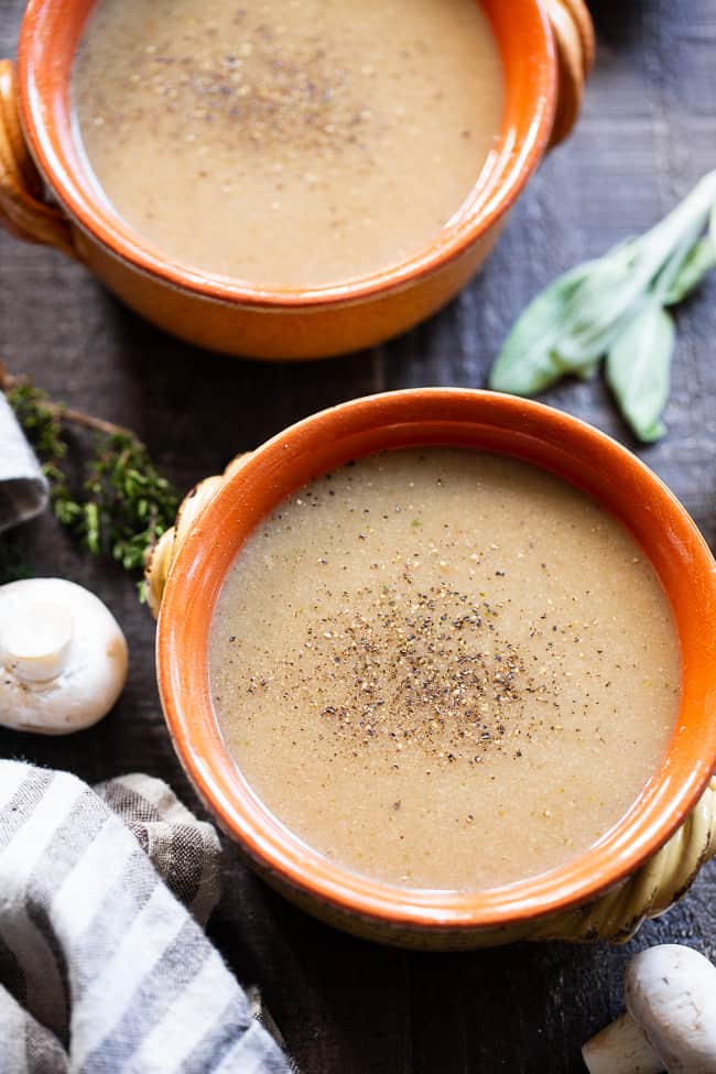 This Paleo Cream of Mushroom Soup is savory and comforting on its own and perfect as a base for so many recipes!  It's simple, fast, and flavorful.  This dairy-free and Whole30 compliant soup is a comforting fall and winter staple.