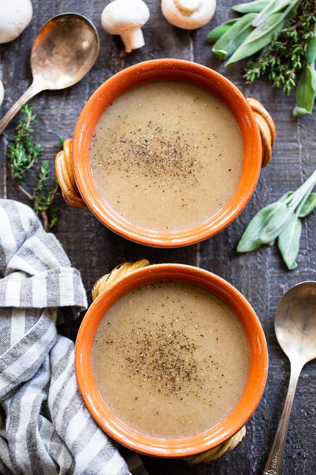 This Paleo Cream of Mushroom Soup is savory and comforting on its own and perfect as a base for so many recipes!  It's simple, fast, and flavorful.  This dairy-free and Whole30 compliant soup is a comforting fall and winter staple.