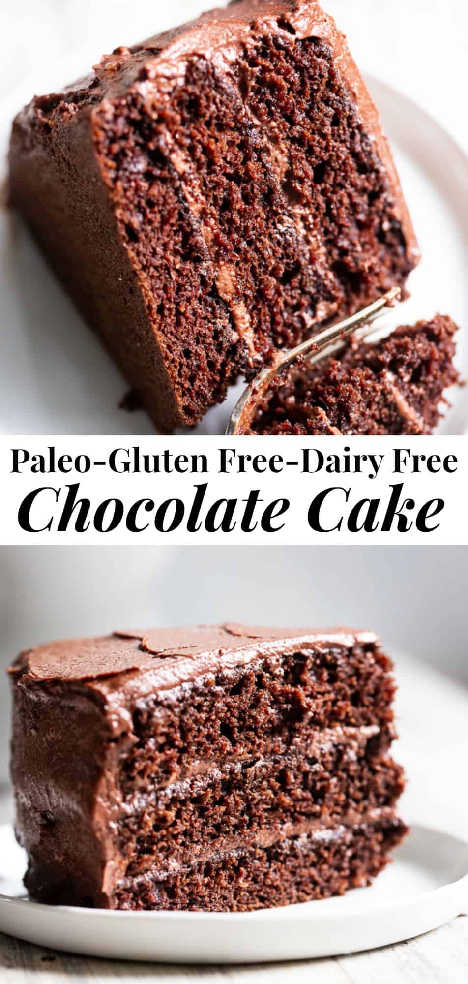This rich, decadent, moist and tender paleo chocolate cake is the perfect healthy dessert recipe for birthdays and special occasions!  Made with a blend of grain free flours, organic coconut oil and unrefined coconut sugar.  The dairy-free “buttercream” frosting is out of this world delicious and NONE of it tastes paleo, even though it totally is! #paleo #glutenfree #cleaneating