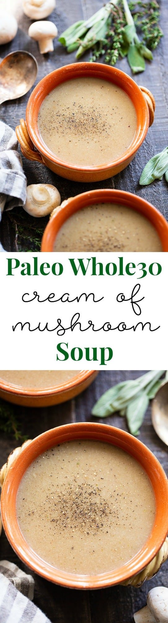 This Paleo Cream of Mushroom Soup is savory and comforting on its own and perfect as a base for so many recipes!  It's simple, fast, and flavorful.  This dairy-free and Whole30 compliant soup is a comforting fall and winter staple.