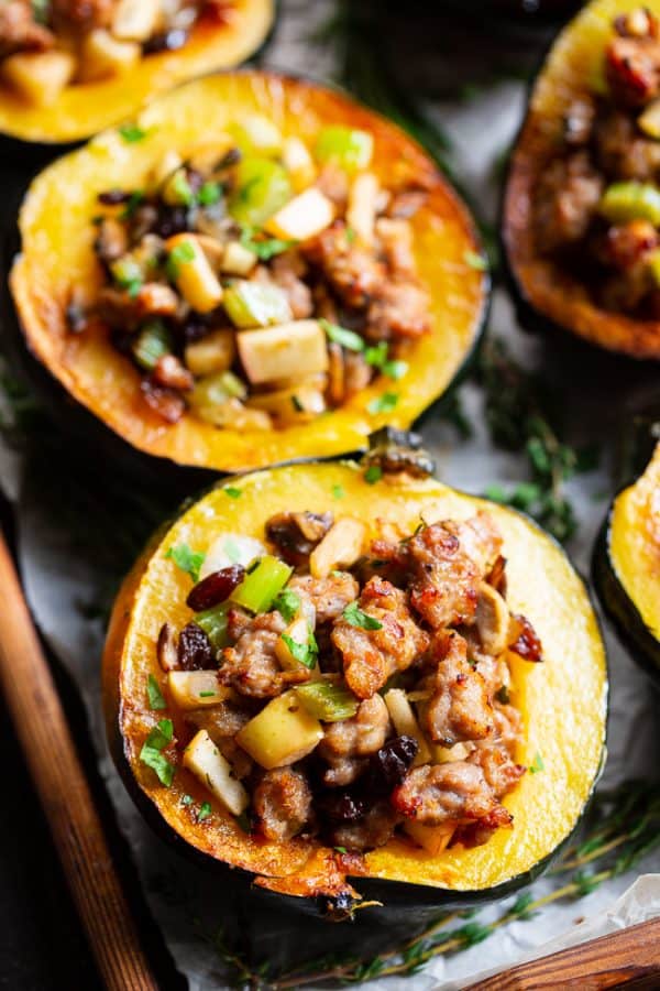 Stuffed Acorn Squash with Sausage, Apples and Cranberries {Paleo