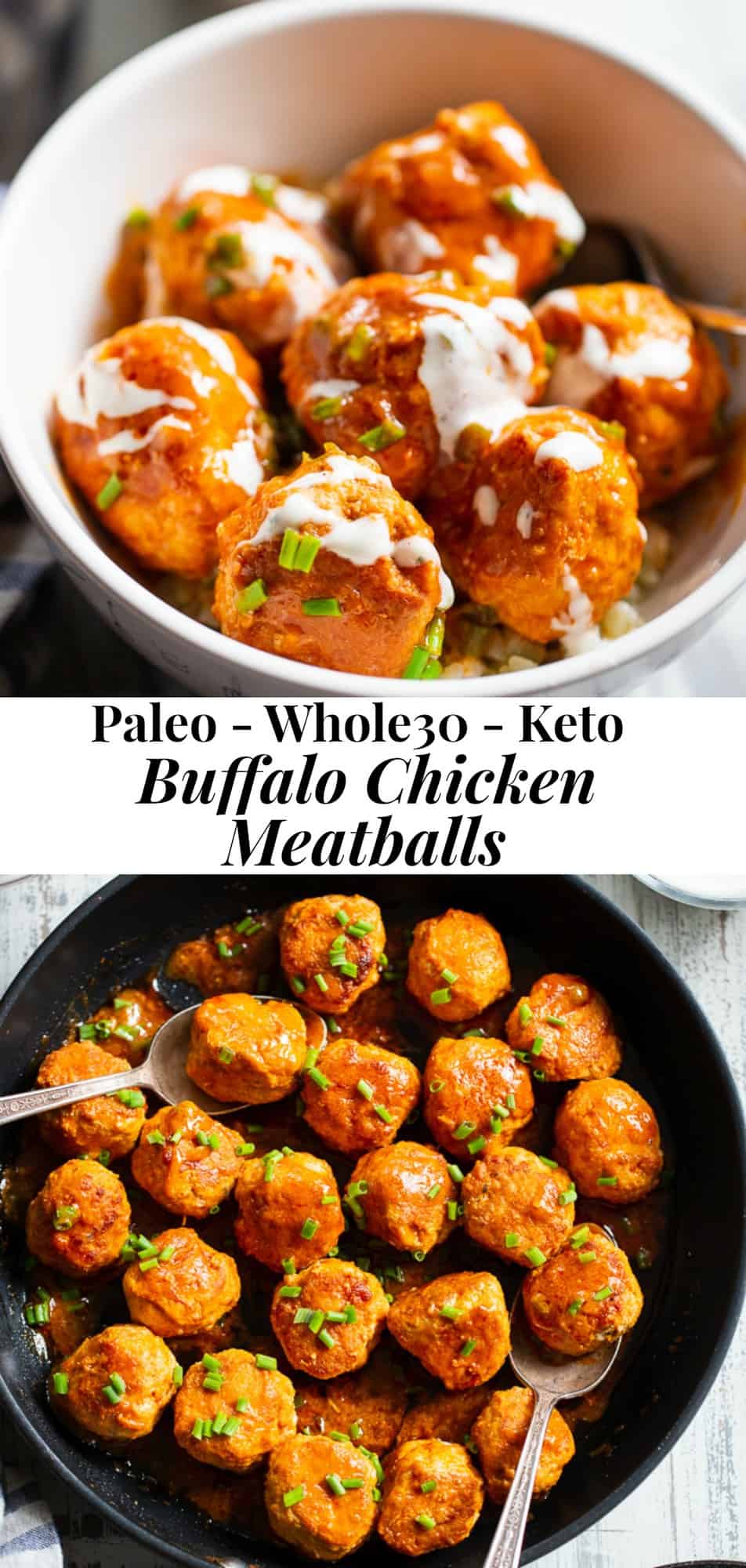 These buffalo chicken meatballs are savory, spicy and super easy to make!  Just one pot and 20 minutes are all you need for these tasty meatballs.  Drizzled with a homemade Whole30 Ranch, they’re great as a weeknight dinner over cauliflower rice or alone as a quick appetizer. #paleo #whole30 #keto