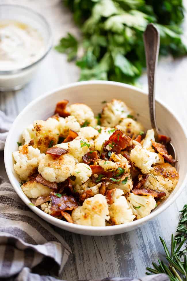 garlic bacon roasted cauliflower with herbed aioli {whole30, keto}