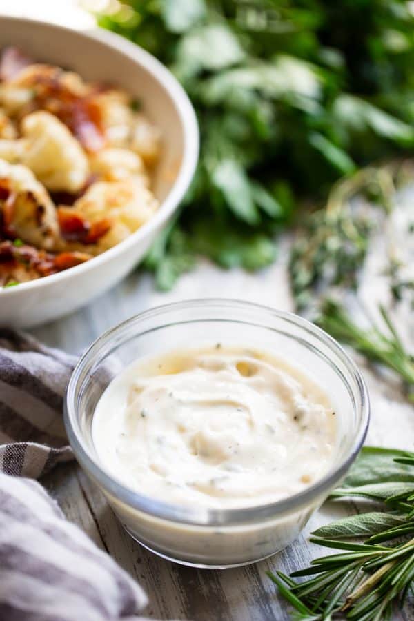 Garlic Bacon Roasted Cauliflower with Herbed Aioli
