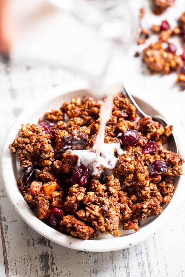 This Paleo gingerbread granola is perfect for snacking or breakfast! The crunchy granola clusters are sweetened with maple and molasses, baked until toasty, and mixed with sweet cranberries and dark chocolate chips.  Vegan, grain free, dairy free.