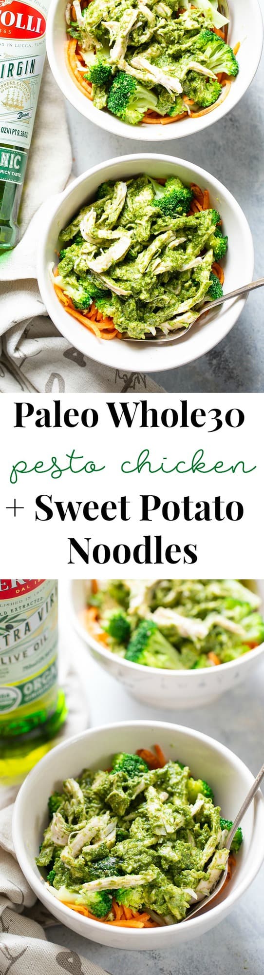 [This paleo and Whole30 pesto chicken with broccoli and sweet potato noodles is packed with flavor and super simple to prepare.  It’s perfect for weeknight dinners and date nights alike!  An easy and fun paleo dinner!] #Bertolli #TheRecipeIsSimple #evoo #QualityOliveOil and #ad