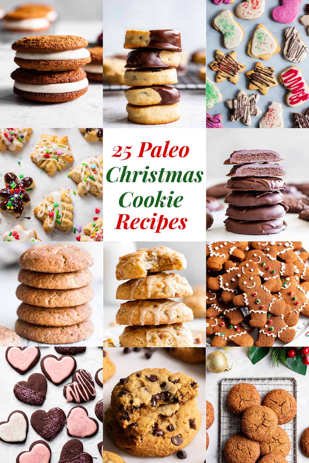 These 25 Paleo Christmas Cookies will make your holiday season a whole lot merrier!  From  snickerdoodles, to thin mints, to classic cutout sugar cookies and more, there's something for everyone in this roundup.  All cookies are gluten-free, grain free, dairy-free and soy free with many vegan options as well. #paleo #glutenfree #paleobaking #christmascookies #christmas 
