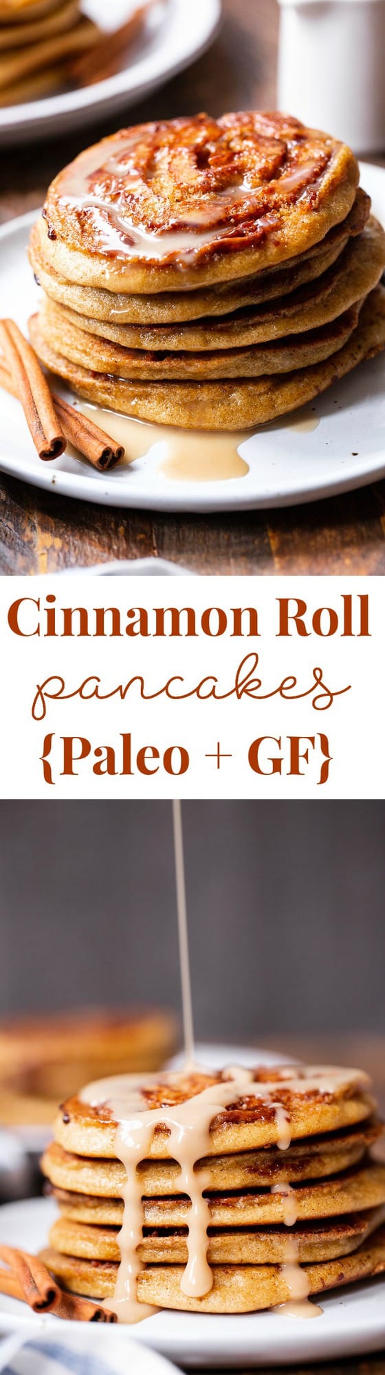 These grain free and paleo cinnamon roll pancakes have a gooey cinnamon swirl and maple glaze for the best of all things cinnamon roll without the work!   Family approved, gluten-free, with a dairy-free option. Paleo breakfast.  Gluten-free pancakes.  Paleo pancakes.  Paleo Christmas recipes.  Paleo Christmas.