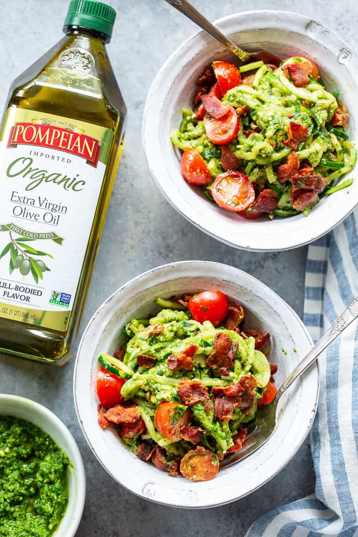 These BLT Pesto Zoodles are packed with savory flavor and crunch! An easy basil pesto plus crispy bacon and tomatoes make these zoodles a favorite for everyone in the family. Gluten-free, dairy-free and Whole30 options, and keto friendly. #AD @Pompeian #pompeian