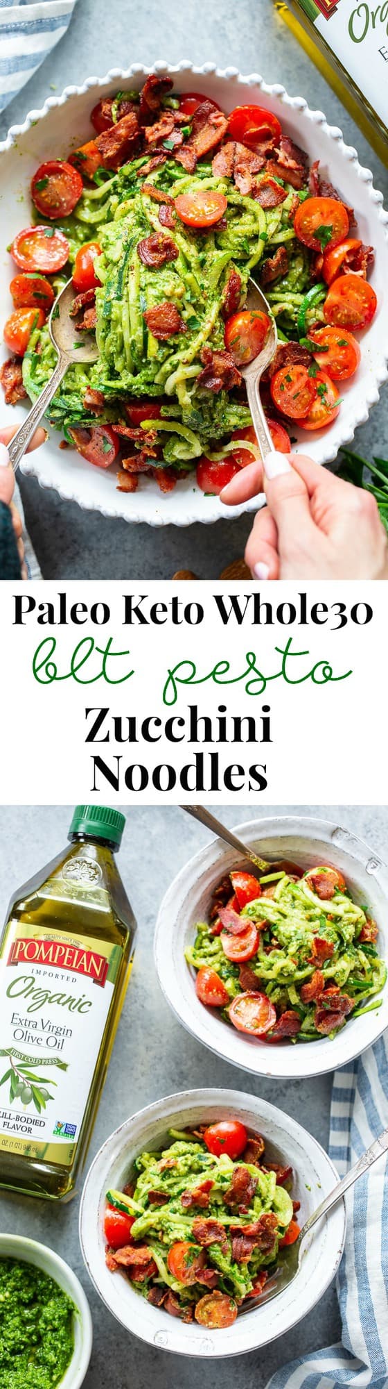 These BLT Pesto Zoodles are packed with savory flavor and crunch! An easy basil pesto plus crispy bacon and tomatoes make these zoodles a favorite for everyone in the family. Gluten-free, dairy-free and Whole30 options, and keto friendly. #AD @Pompeian #pompeian