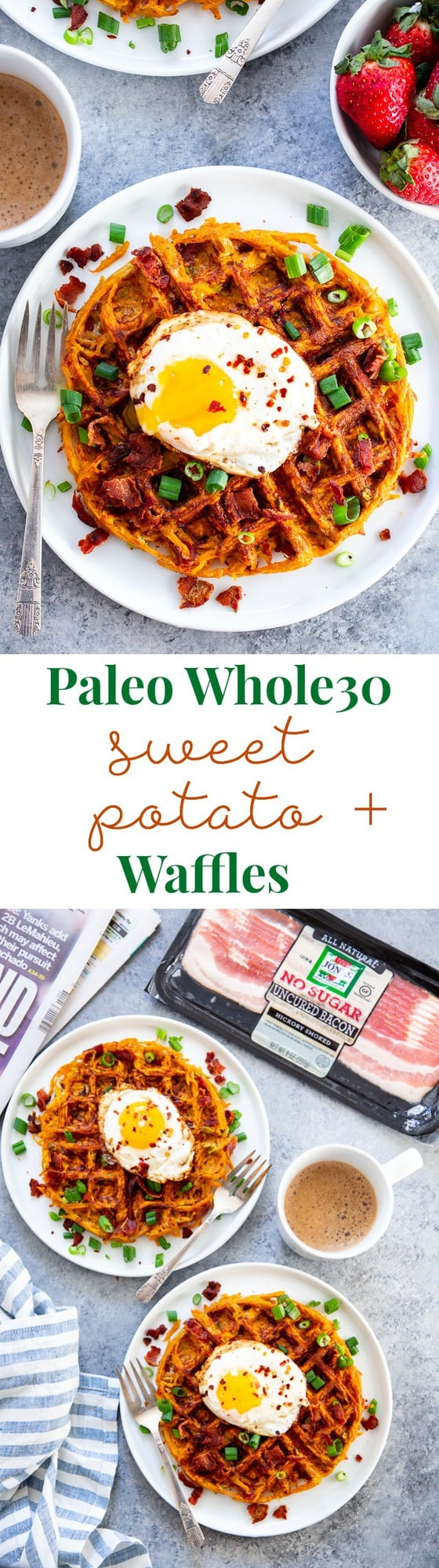 These savory bacon and sweet potato waffles are crisp on the outside, packed with tons of flavor and a fun weekend breakfast or brunch!  Top them with fried eggs and more crispy bacon for a super tasty, filling, wholesome meal that you’ll want to make again and again!  Paleo and Whole30 friendly. #AD @JonesDairyFarm #JonesDairyFarm