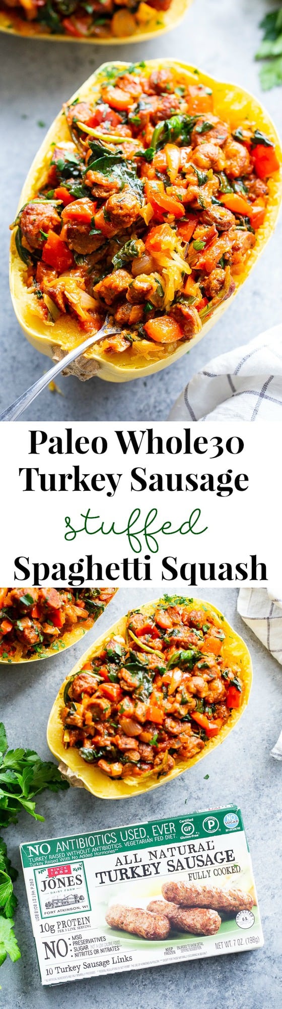 These Instant Pot Spaghetti Squash Boats are loaded with all the yummy things! Sugar free, antibiotic free turkey sausage, onions, peppers, garlic, spinach and marinara make this a healthy, filling dinner that’s paleo, Whole30 compliant and keto friendly too!  #AD @jonesdairyfarm #JonesDairyFarm 