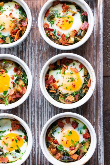Baked Eggs with Spinach, Bacon, + Mushrooms {Paleo, Whole30, Keto}