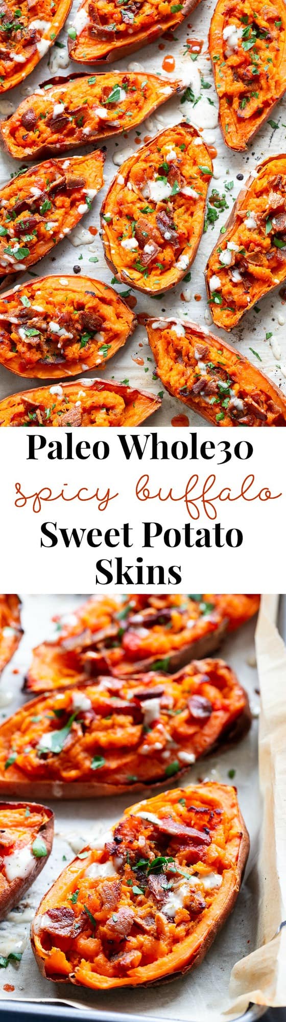 We’re taking sweet potatoes to a new level today with these spicy loaded buffalo sweet potato skins!  The skins are baked until crisp and then loaded with the most delicious filling.  One bite and you’ll be addicted!  Perfect appetizer or fun side dish that just happens to be Whole30 compliant.